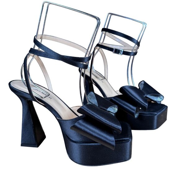 Mach & Mach Black Satin Le Cadeau Square Toe Crystal Bow Platform Sandals EU 39 - Picture 1 of 11